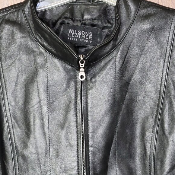 Wilsons Leather Pelle Women XL Black Full Zip Leather Jacket Moto Biker Vintage - Picture 3 of 14